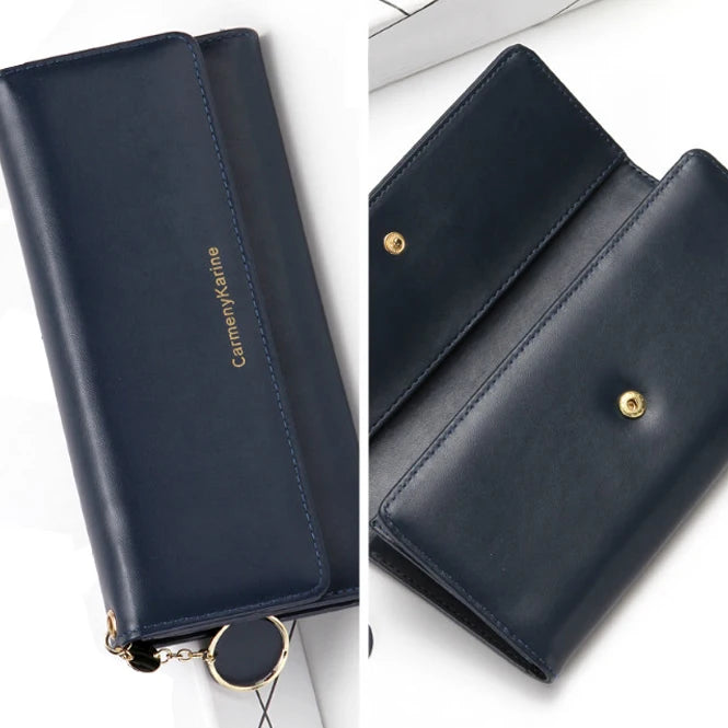 Women’s Long Tri-Fold Wallet – Fresh PU Leather Clutch with Brand Letter Design & Card Holder