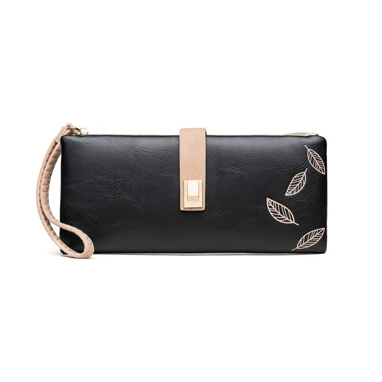 Trendy & Charming: Women’s Leaf Pattern Wallet – Stylish Zip Buckle Clutch