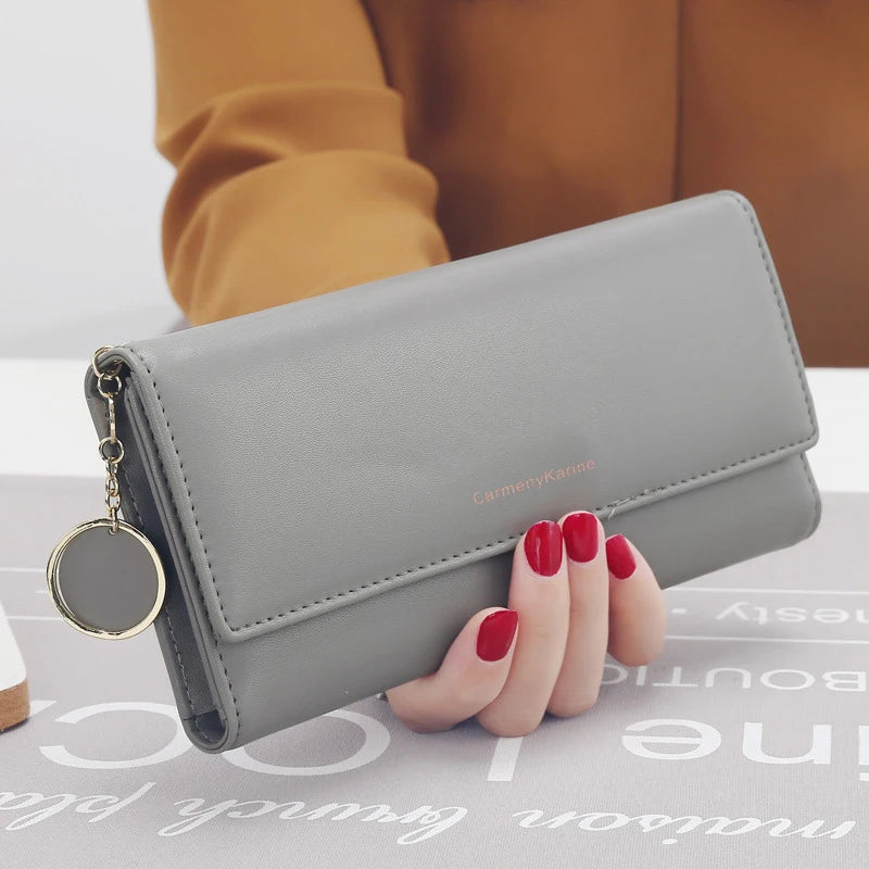 Women’s Long Tri-Fold Wallet – Fresh PU Leather Clutch with Brand Letter Design & Card Holder