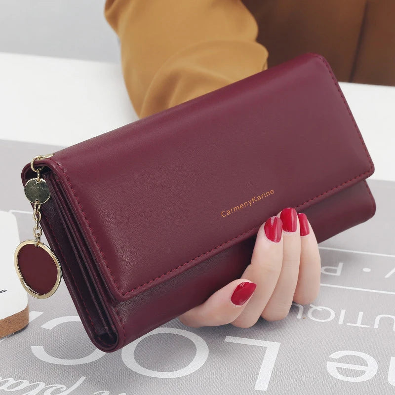 Women’s Long Tri-Fold Wallet – Fresh PU Leather Clutch with Brand Letter Design & Card Holder