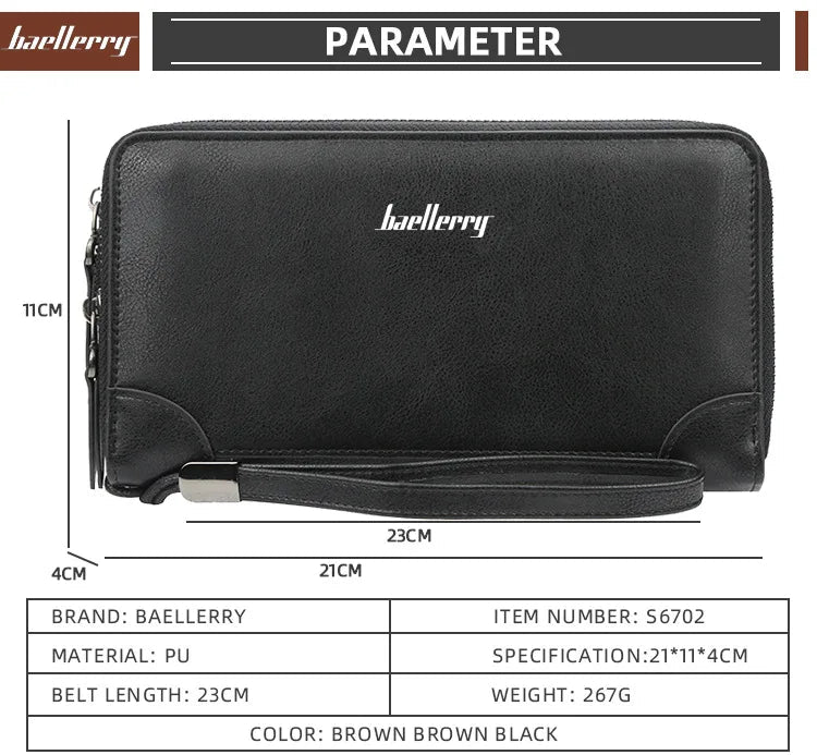 Baellerry Men's Long Wallet – Personalized Business Clutch with Name Engraving & Large Capacity