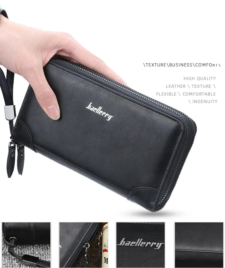 Baellerry Men's Long Wallet – Personalized Business Clutch with Name Engraving & Large Capacity
