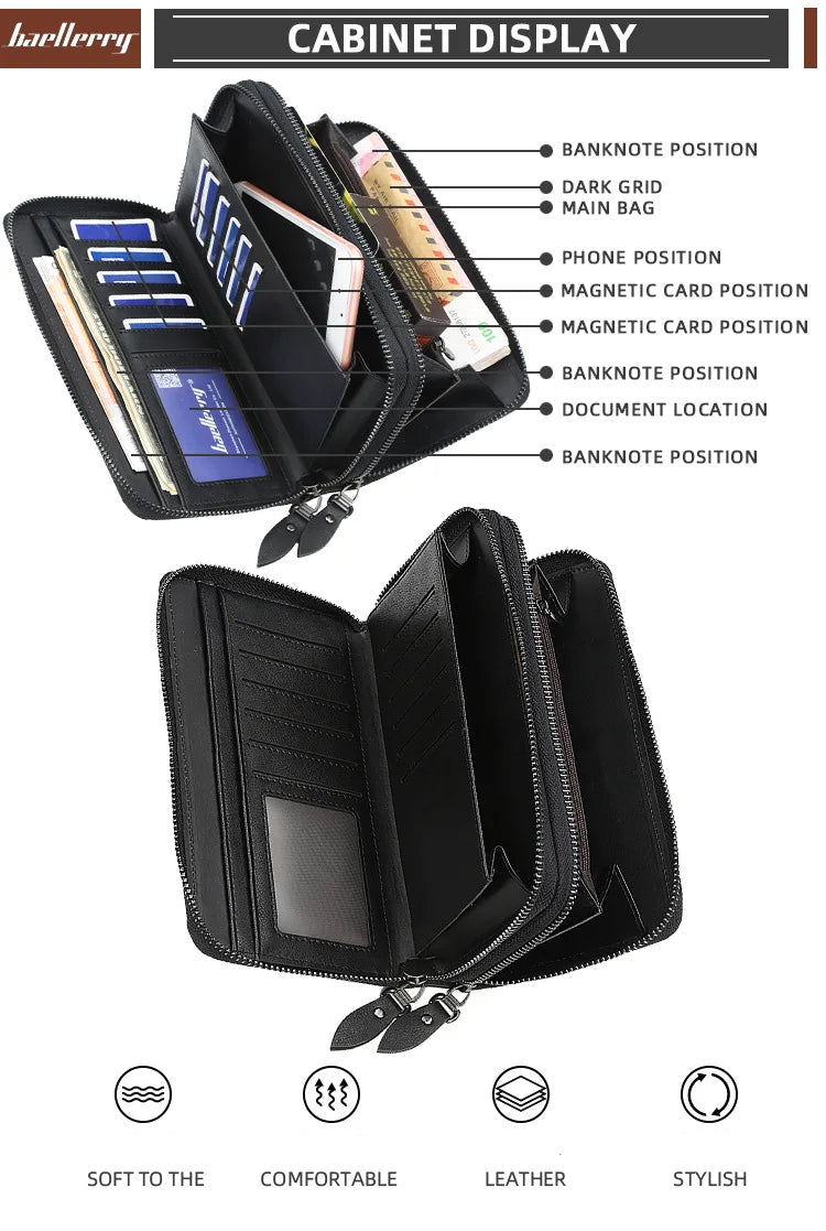 Baellerry Men's Long Wallet – Personalized Business Clutch with Name Engraving & Large Capacity