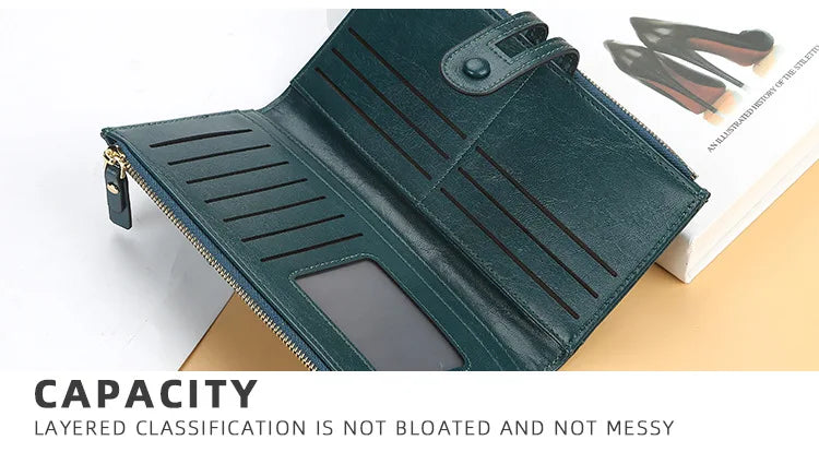 Classic Leather Wallet for Women – Zip Clutch with Card Organizer