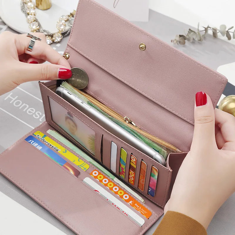 Women’s Long Tri-Fold Wallet – Fresh PU Leather Clutch with Brand Letter Design & Card Holder