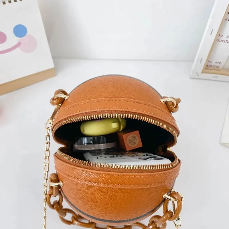 Basketball-Inspired Circular Crossbody Bag – PU Leather Shoulder Purse with Chain Accent