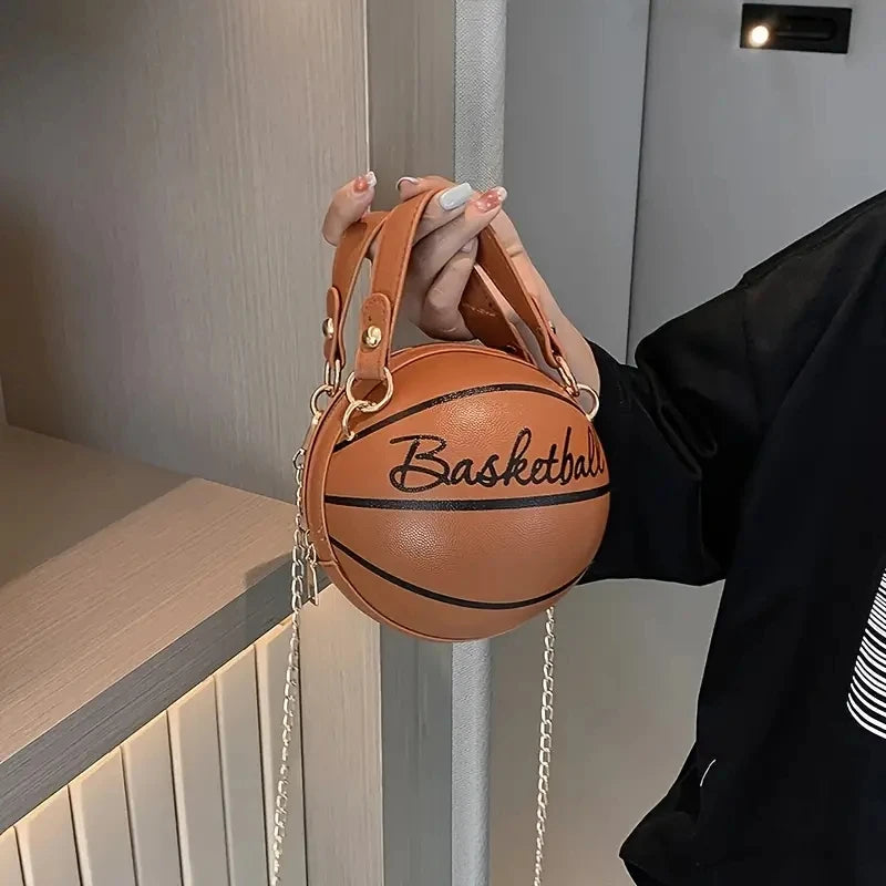 Basketball-Inspired Circular Crossbody Bag – PU Leather Shoulder Purse with Chain Accent