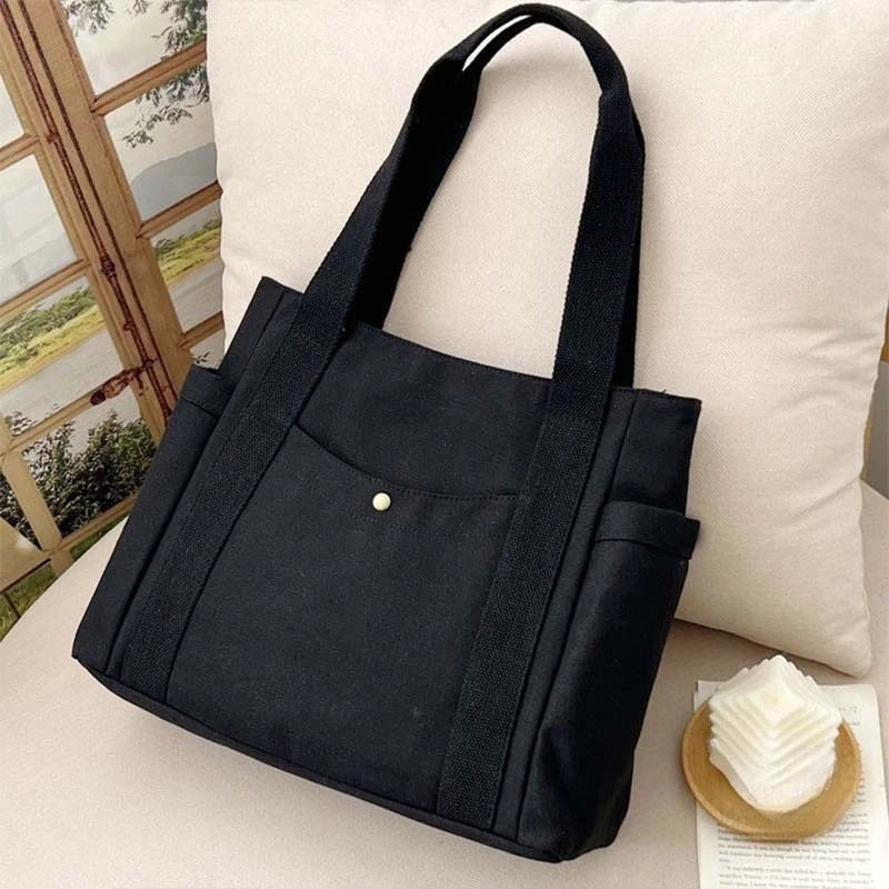 Preppy Canvas Shoulder Satchel – Soft Zipper Tote with Dual Handles for Women