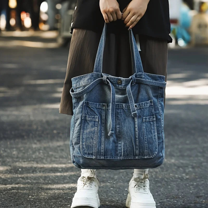 Casual Canvas & Denim Shoulder Tote – Large Capacity Underarm Handbag for Women’s Daily Style