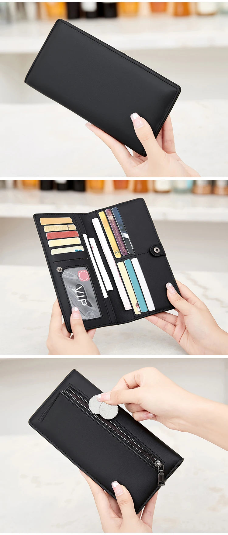 Functional & Compact: Women's Double-Fold Wallet – RFID Coin & Card Organizer with Hand Strap