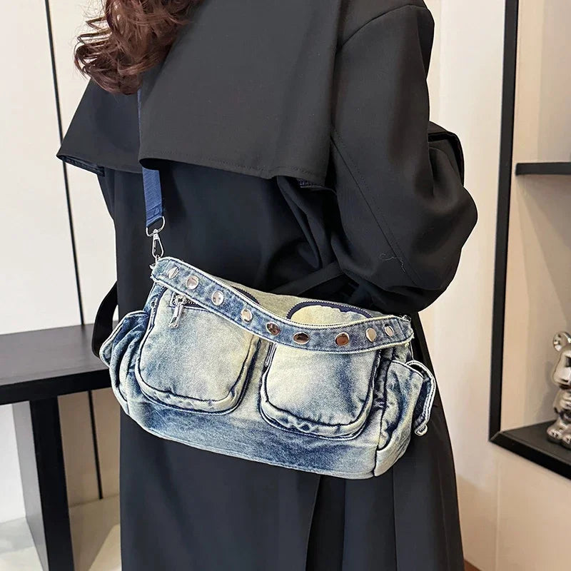 Women’s Vintage Denim Shoulder Bag – Large Tote with Multiple Pockets & Retro Style