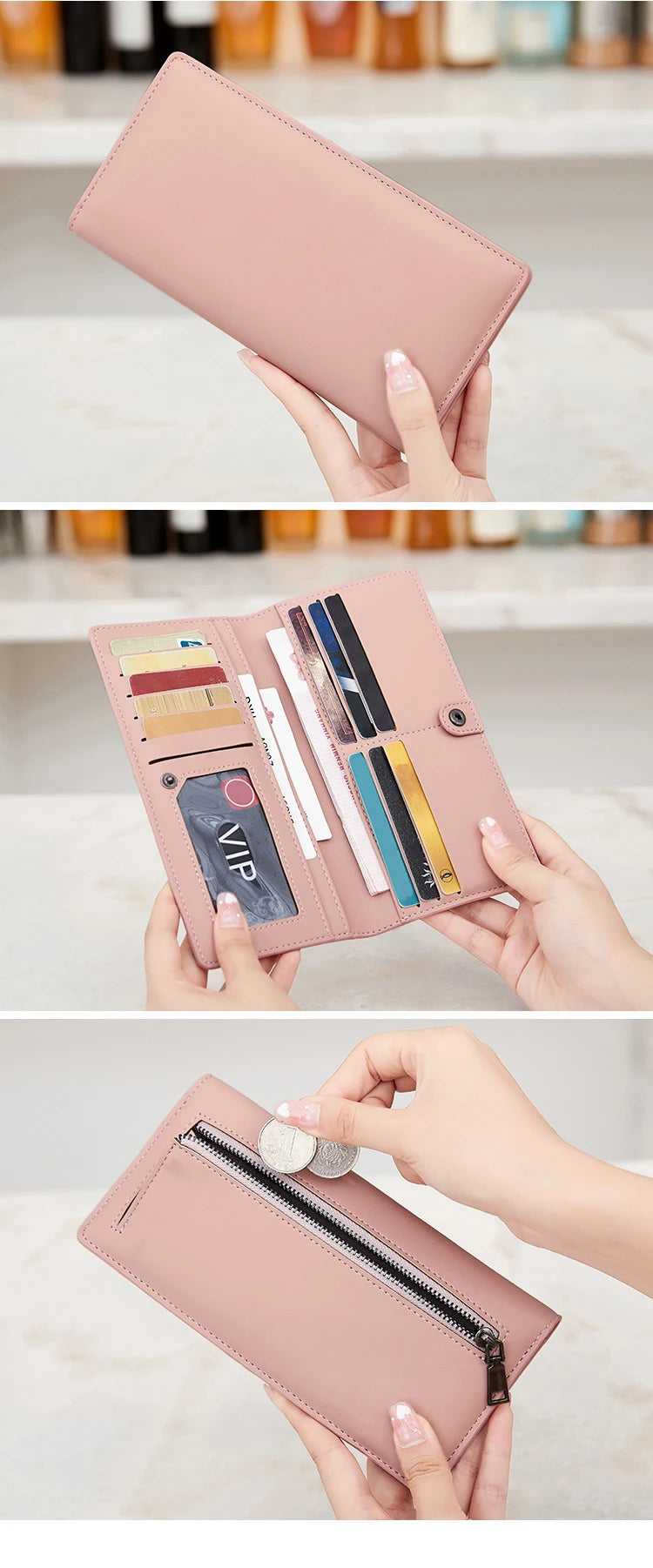 Functional & Compact: Women's Double-Fold Wallet – RFID Coin & Card Organizer with Hand Strap