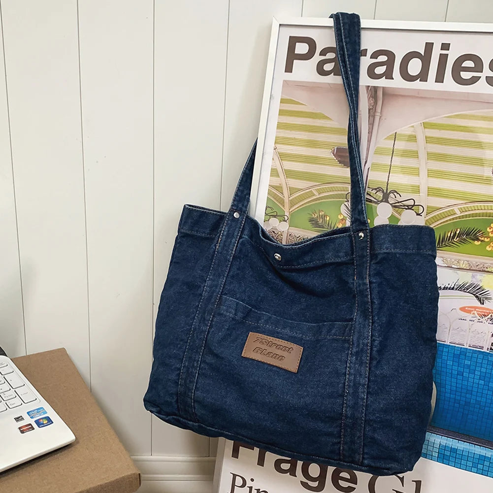 Women Retro Tote Bag Large Capacity Denim Versatile Shopping Bag Solid Color Female Daily Commute Bag