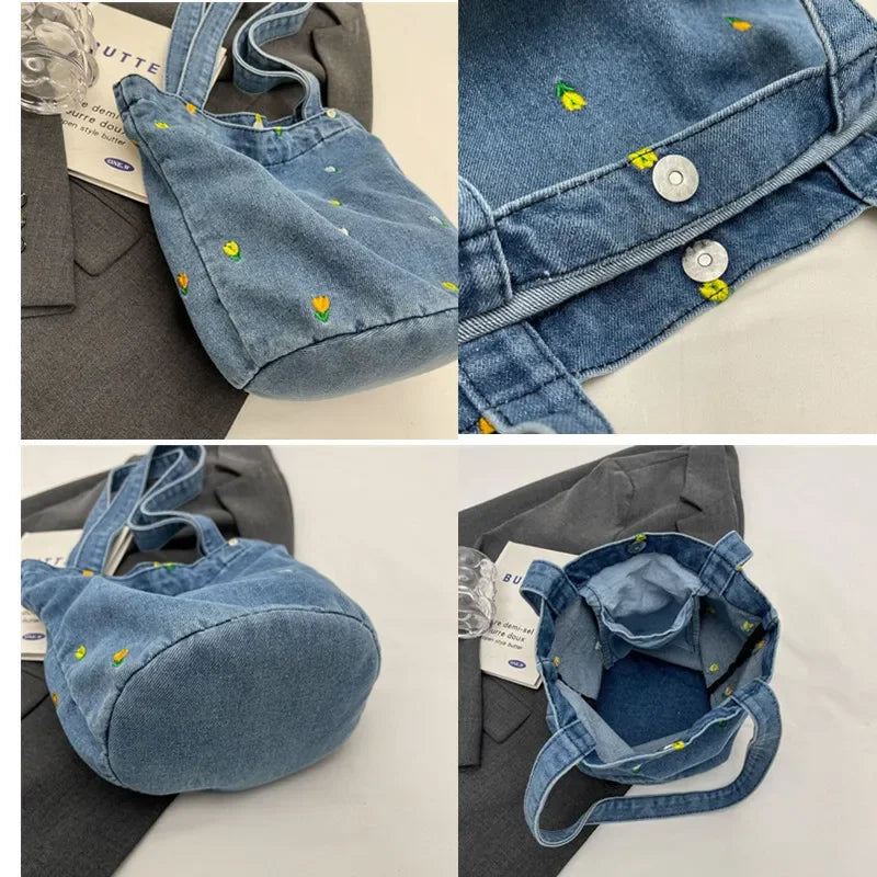 Floral Embroidered Denim Shoulder Bag – Soft Vintage Tote for Effortless Everyday Chic