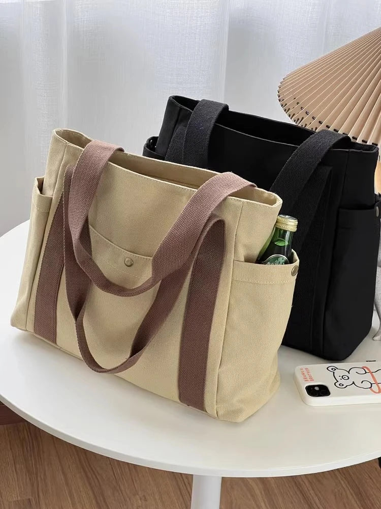 Preppy Canvas Shoulder Satchel – Soft Zipper Tote with Dual Handles for Women