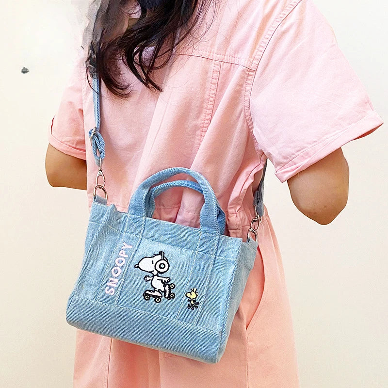 Kawaii Snoopy Denim Tote Bag Cartoon Animation Student Cute Tote Bag Embroidery Lunch Crossbody Bag