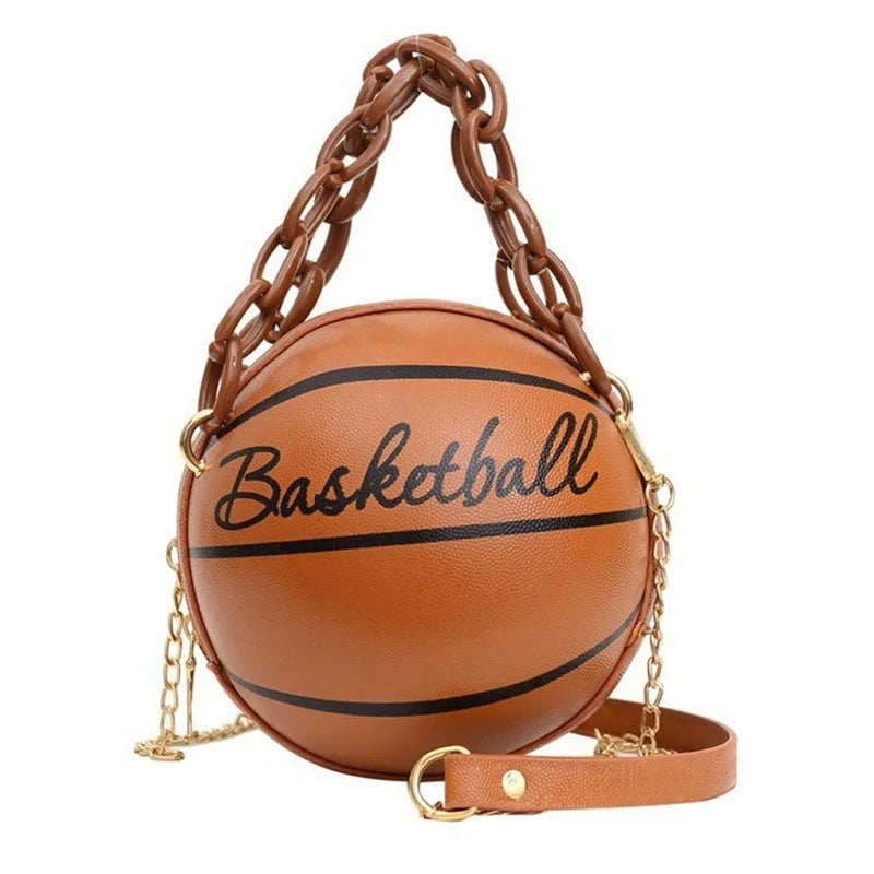 Basketball-Inspired Circular Crossbody Bag – PU Leather Shoulder Purse with Chain Accent