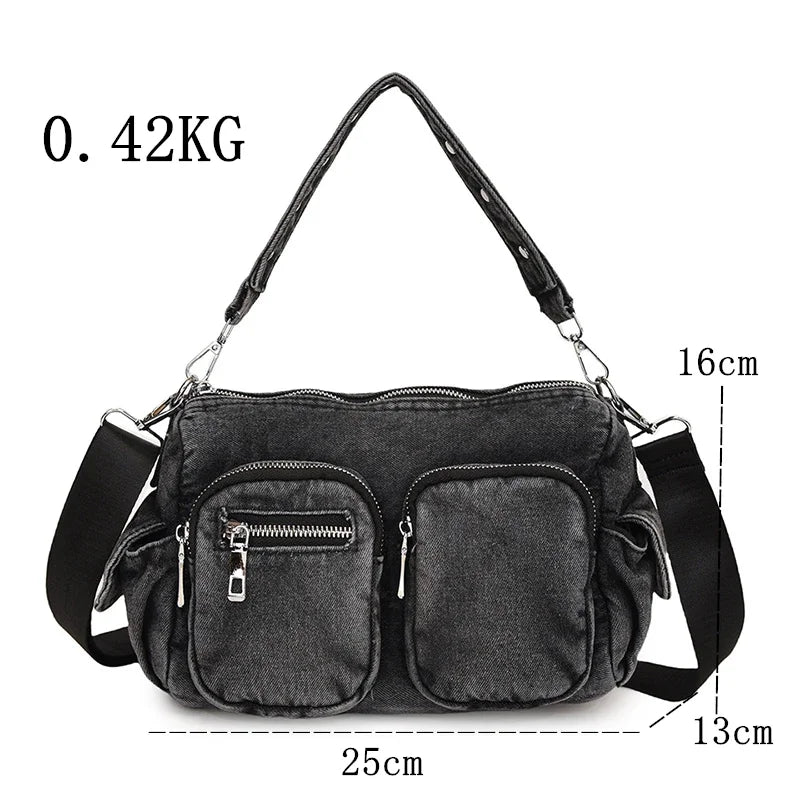 Women’s Vintage Denim Shoulder Bag – Large Tote with Multiple Pockets & Retro Style