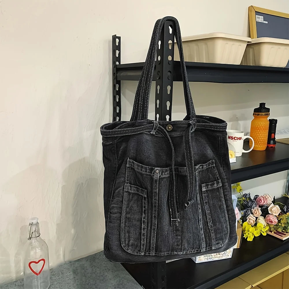 Casual Canvas & Denim Shoulder Tote – Large Capacity Underarm Handbag for Women’s Daily Style