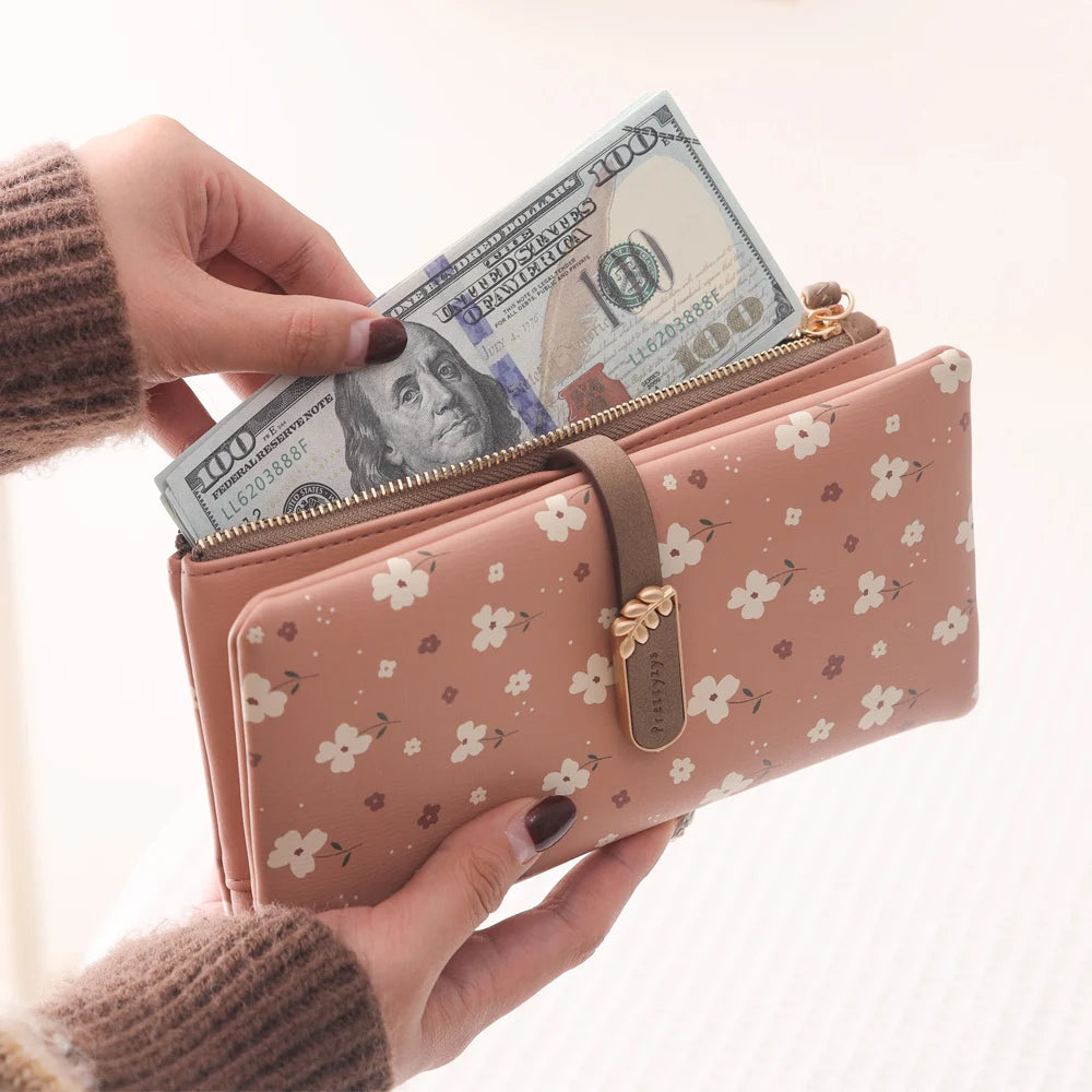 Women’s Long Wallet – Cute Leaf & Flower Pattern Zipper Clutch with Card & Coin Holder