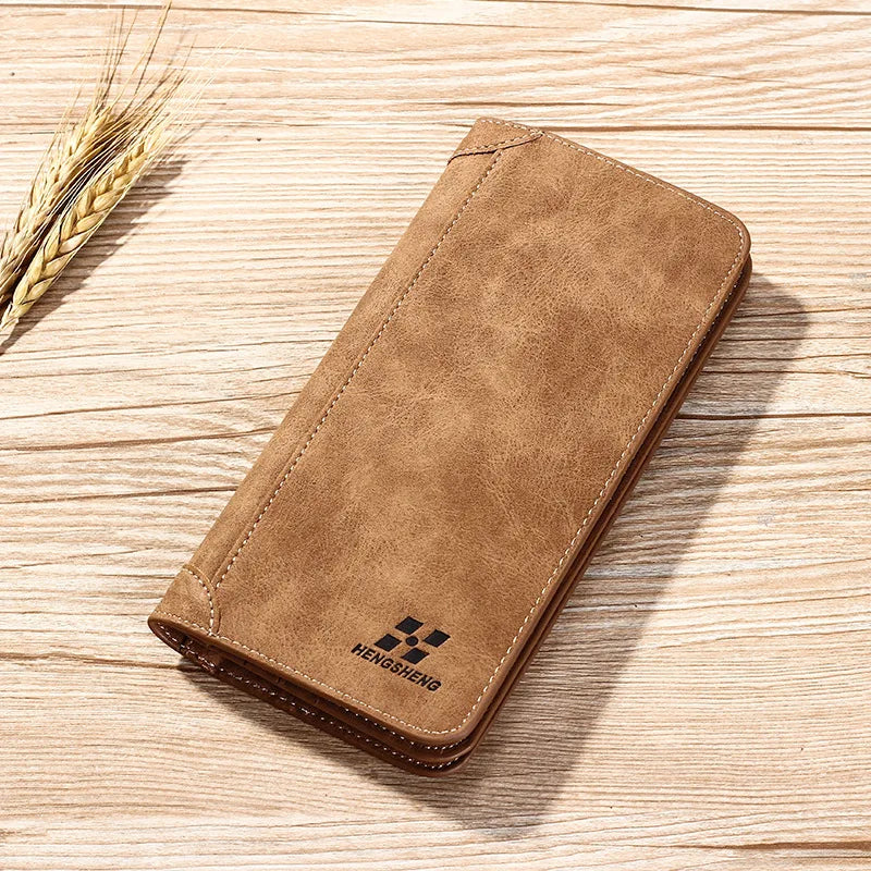 Men’s Vintage Long Wallet – Frosted PU Leather Clutch with Coin Pocket & ID Holder