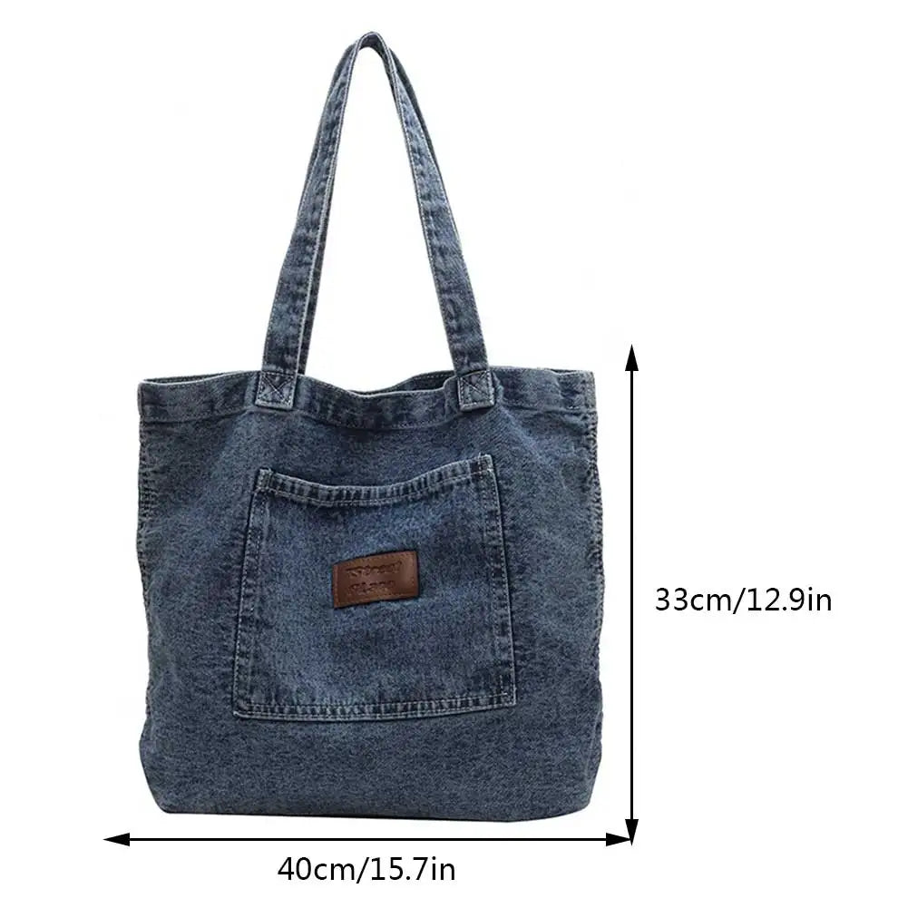 Vintage Denim Shoulder Bag for Women – Soft Tote with Zipper Pocket & Timeless Charm