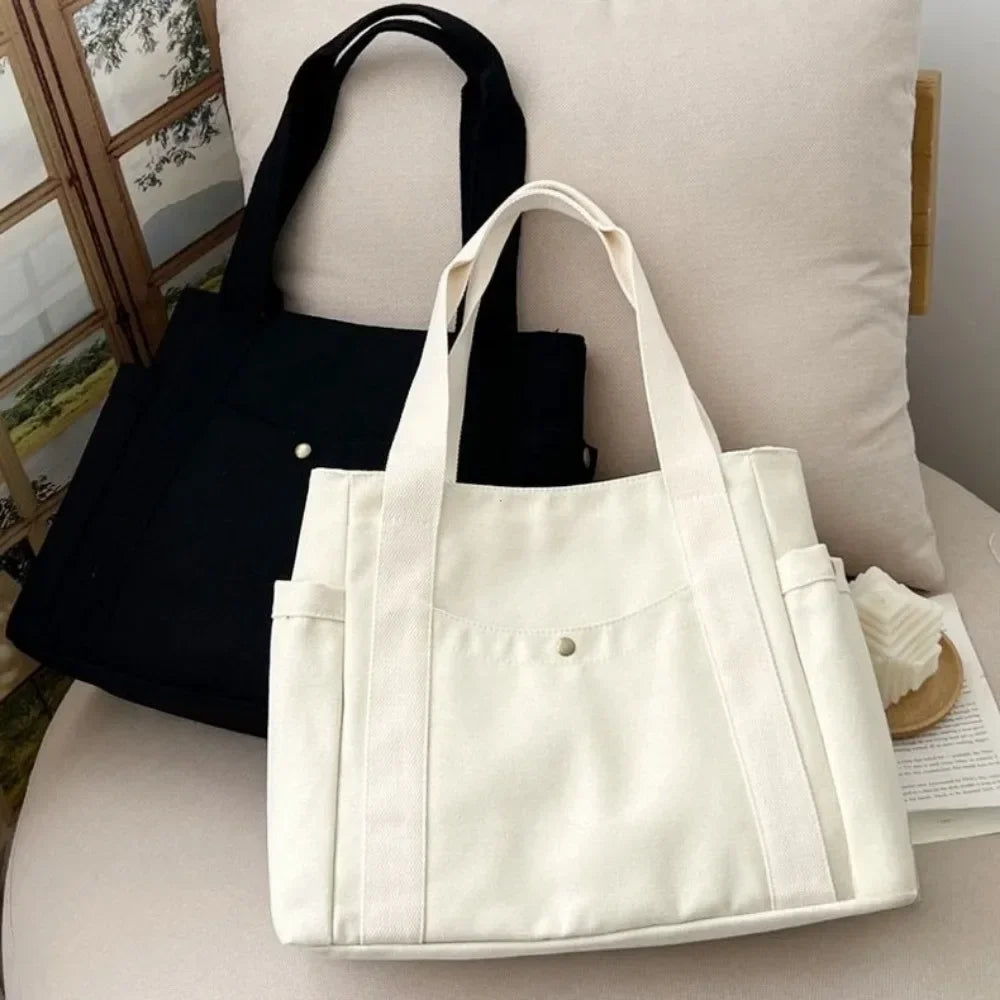 Preppy Canvas Shoulder Satchel – Soft Zipper Tote with Dual Handles for Women