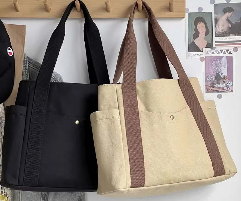 Preppy Canvas Shoulder Satchel – Soft Zipper Tote with Dual Handles for Women