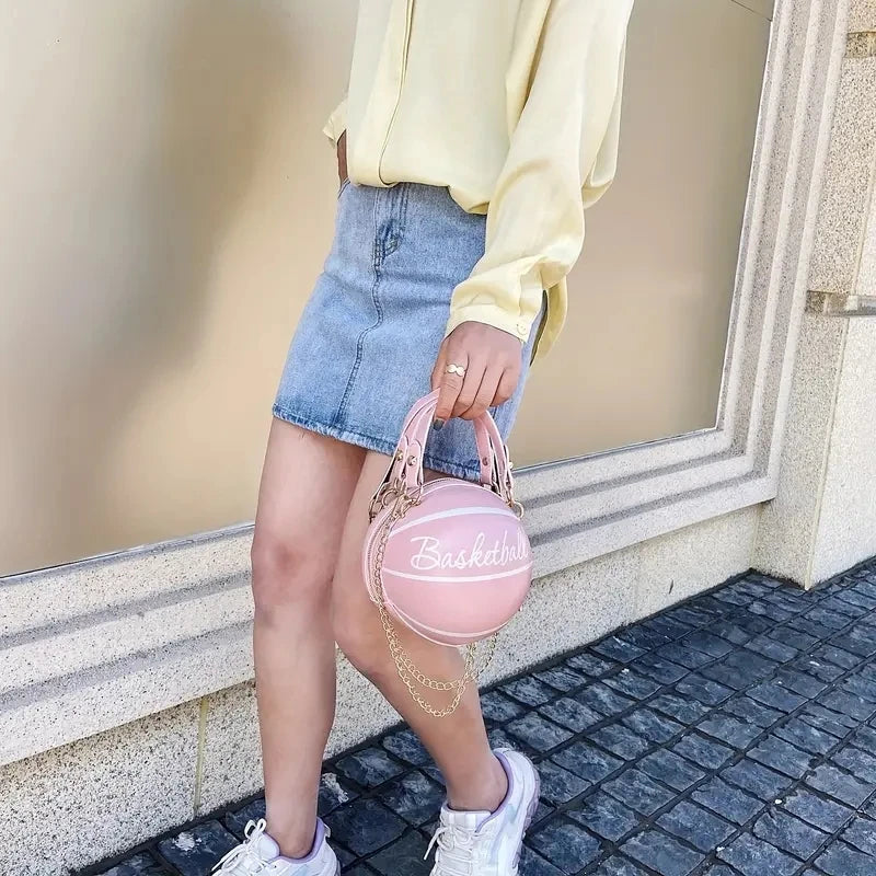 Basketball-Inspired Circular Crossbody Bag – PU Leather Shoulder Purse with Chain Accent