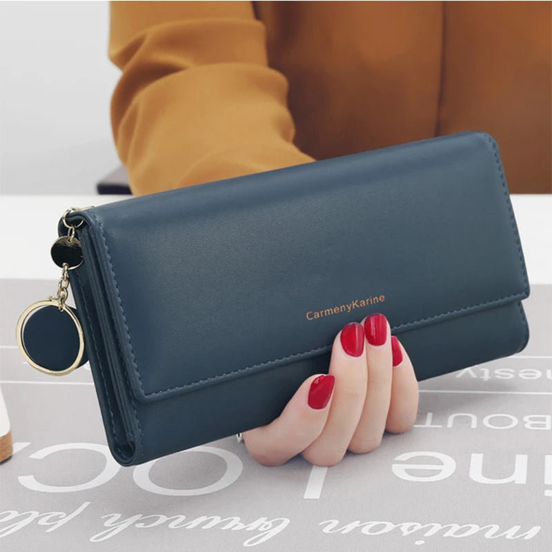 Women’s Long Tri-Fold Wallet – Fresh PU Leather Clutch with Brand Letter Design & Card Holder