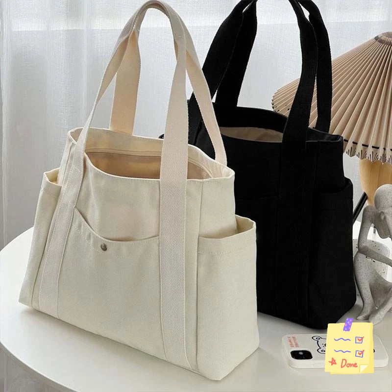 Preppy Canvas Shoulder Satchel – Soft Zipper Tote with Dual Handles for Women