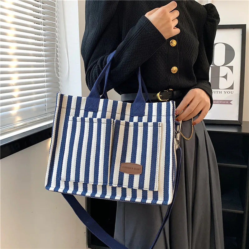Trendy Striped Canvas Shoulder Bag