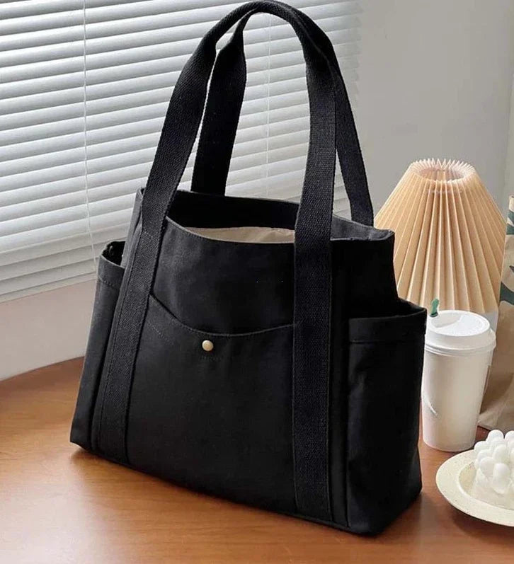 Preppy Canvas Shoulder Satchel – Soft Zipper Tote with Dual Handles for Women