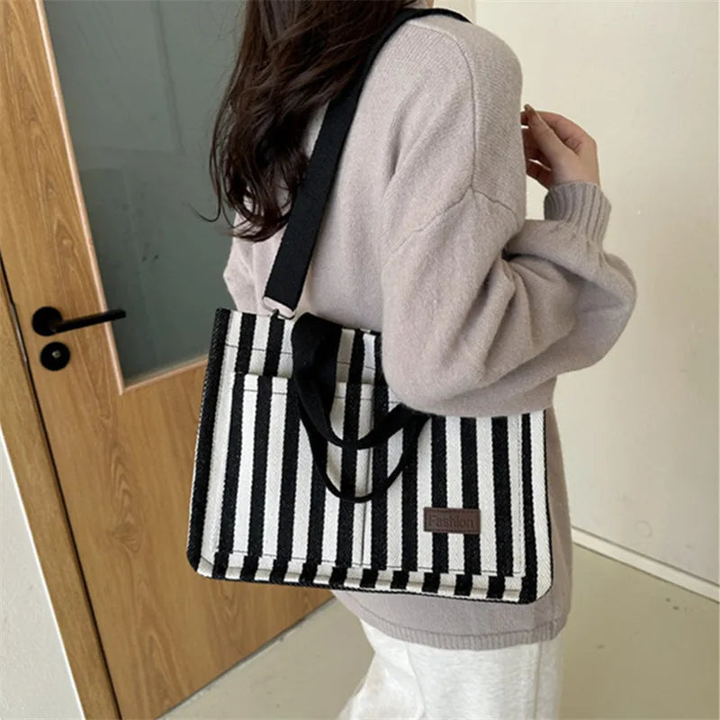 Trendy Striped Canvas Shoulder Bag