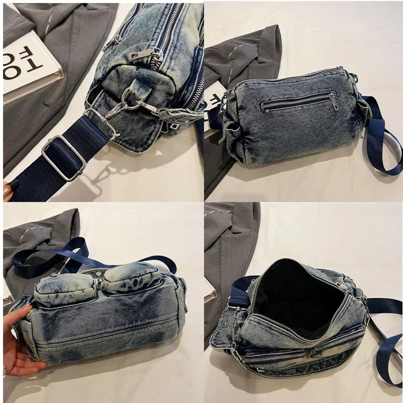 Women’s Vintage Denim Shoulder Bag – Large Tote with Multiple Pockets & Retro Style