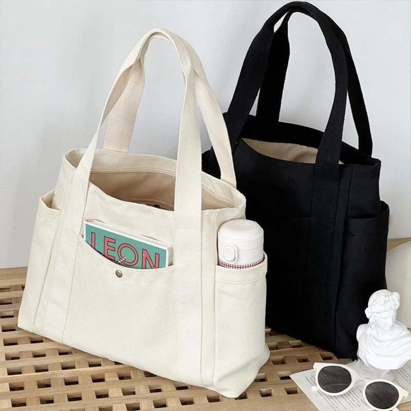 Preppy Canvas Shoulder Satchel – Soft Zipper Tote with Dual Handles for Women