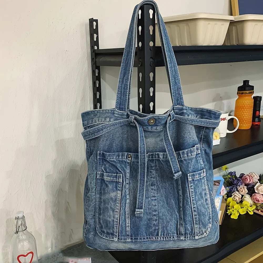 Casual Canvas & Denim Shoulder Tote – Large Capacity Underarm Handbag for Women’s Daily Style