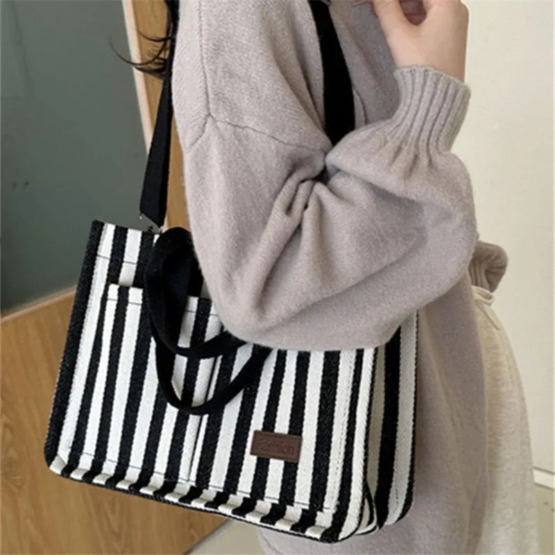 Trendy Striped Canvas Shoulder Bag