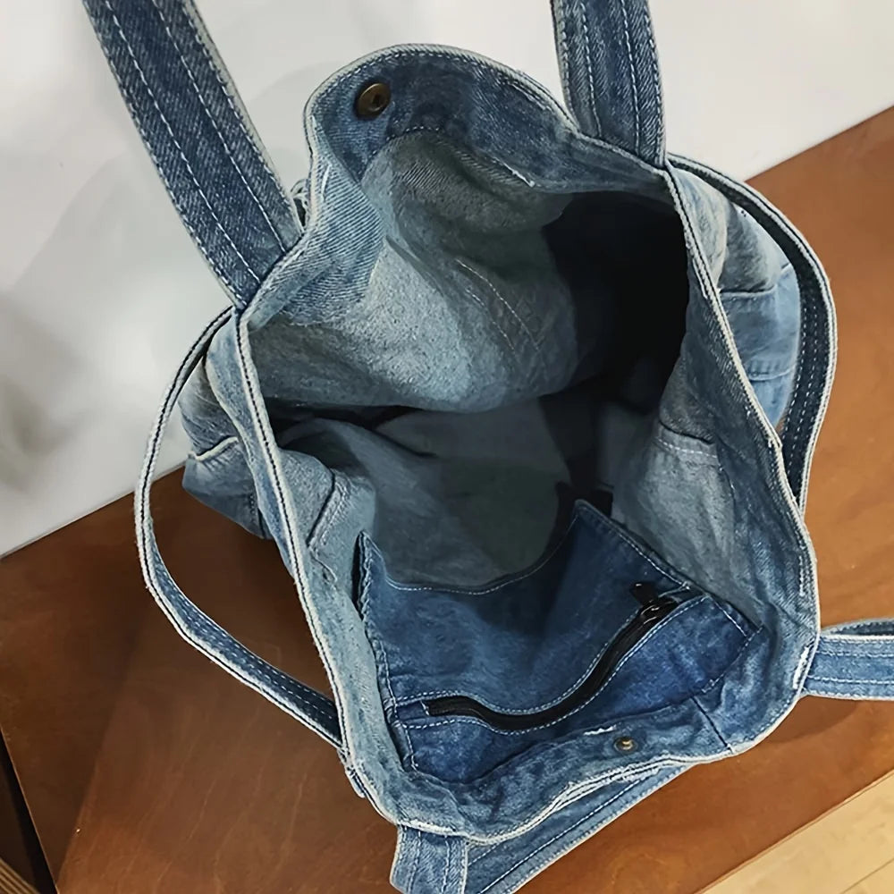 Casual Canvas & Denim Shoulder Tote – Large Capacity Underarm Handbag for Women’s Daily Style