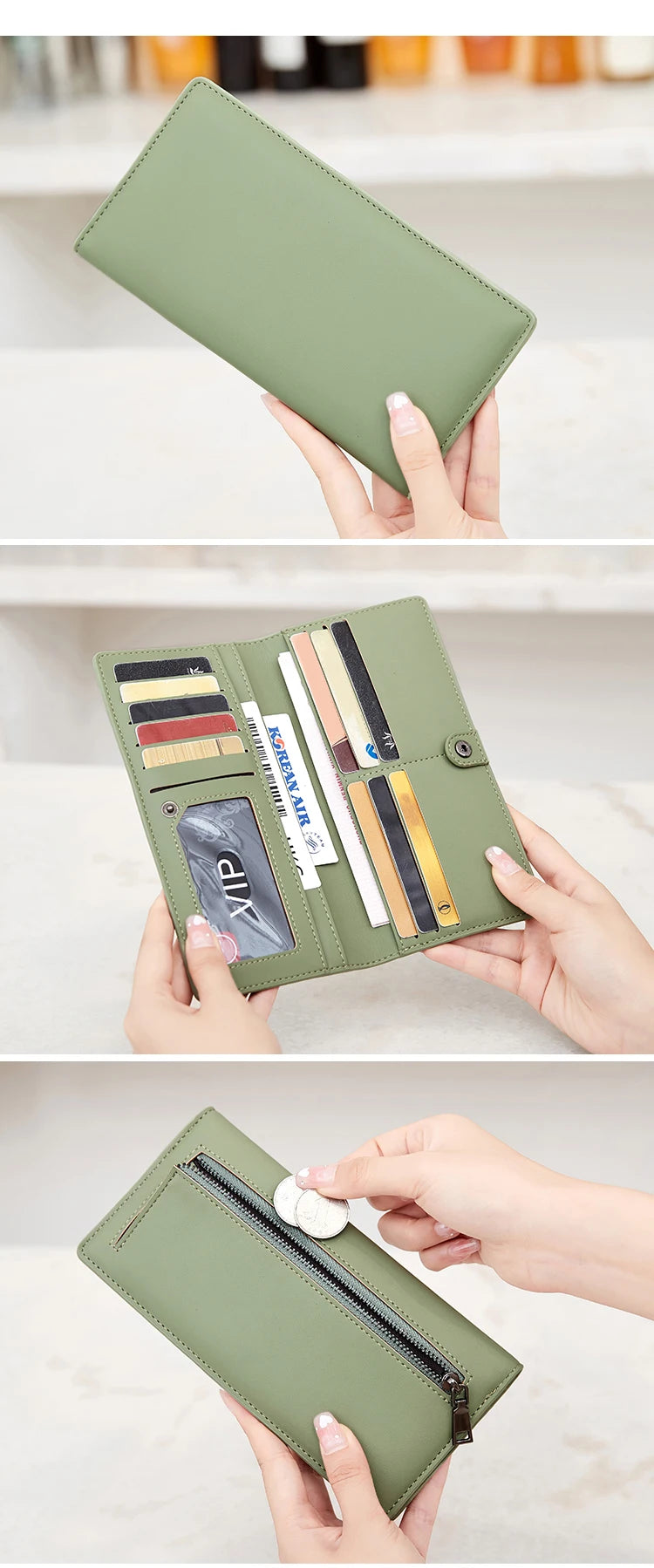 Functional & Compact: Women's Double-Fold Wallet – RFID Coin & Card Organizer with Hand Strap