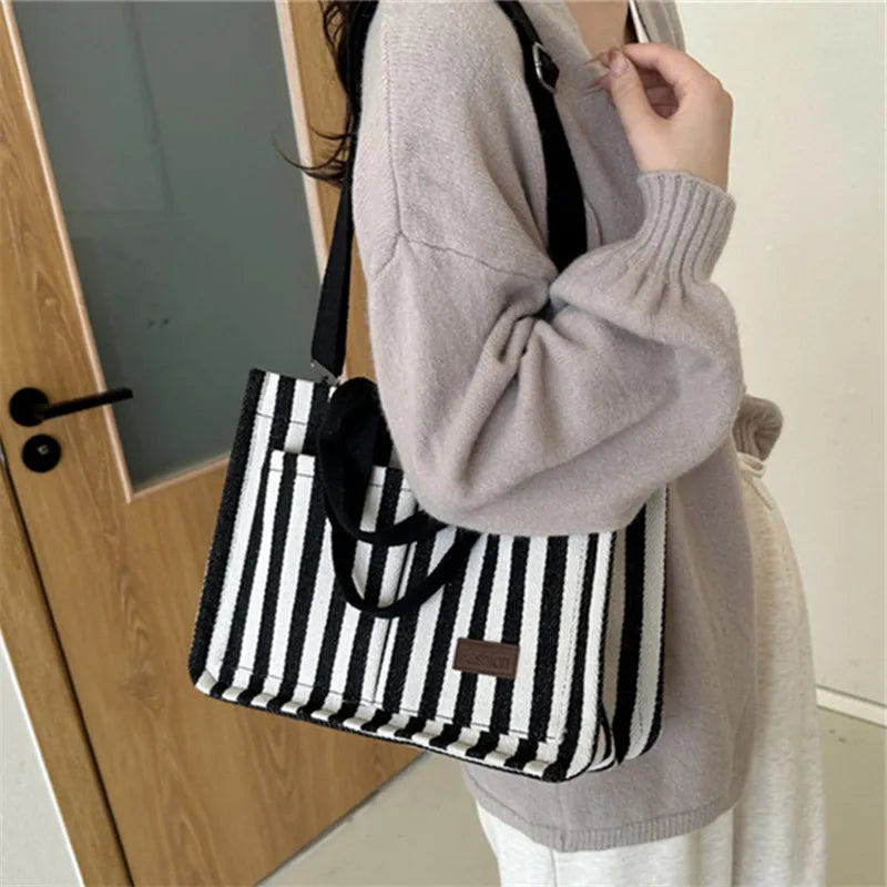 Trendy Striped Canvas Shoulder Bag