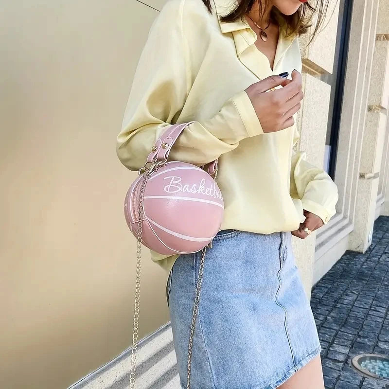 Basketball-Inspired Circular Crossbody Bag – PU Leather Shoulder Purse with Chain Accent