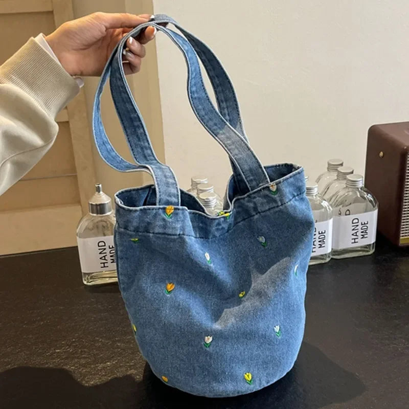 Floral Embroidered Denim Shoulder Bag – Soft Vintage Tote for Effortless Everyday Chic