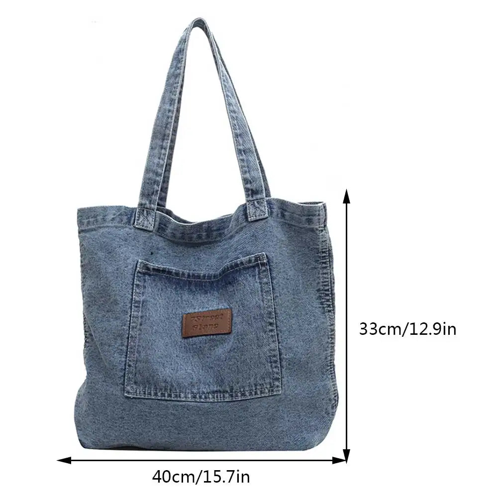 Vintage Denim Shoulder Bag for Women – Soft Tote with Zipper Pocket & Timeless Charm