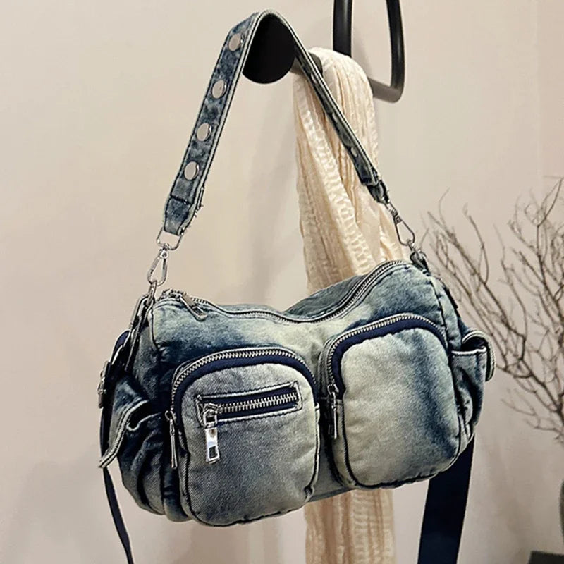 Women’s Vintage Denim Shoulder Bag – Large Tote with Multiple Pockets & Retro Style