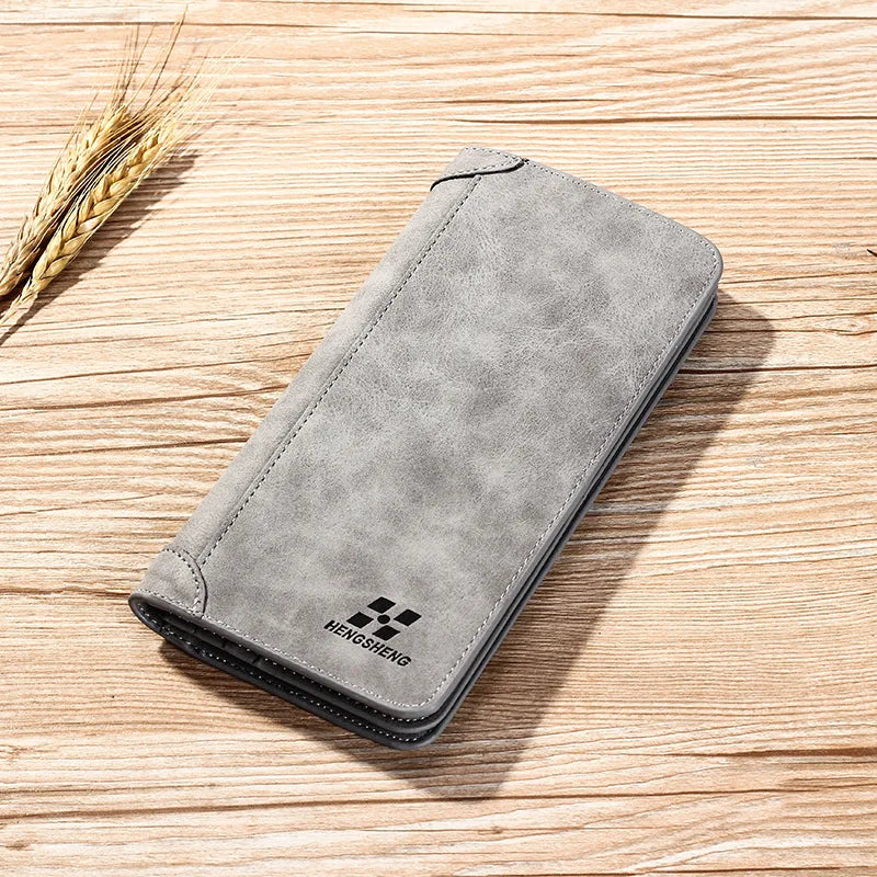 Men’s Vintage Long Wallet – Frosted PU Leather Clutch with Coin Pocket & ID Holder