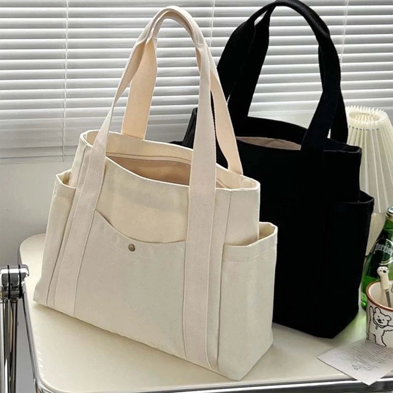 Preppy Canvas Shoulder Satchel – Soft Zipper Tote with Dual Handles for Women