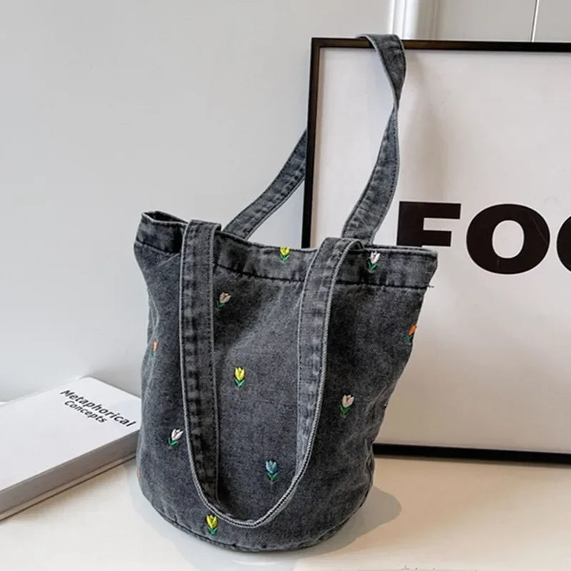 Floral Embroidered Denim Shoulder Bag – Soft Vintage Tote for Effortless Everyday Chic