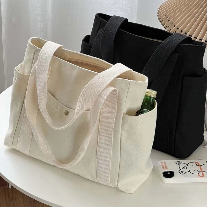 Preppy Canvas Shoulder Satchel – Soft Zipper Tote with Dual Handles for Women