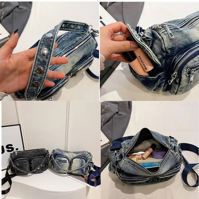 Women’s Vintage Denim Shoulder Bag – Large Tote with Multiple Pockets & Retro Style